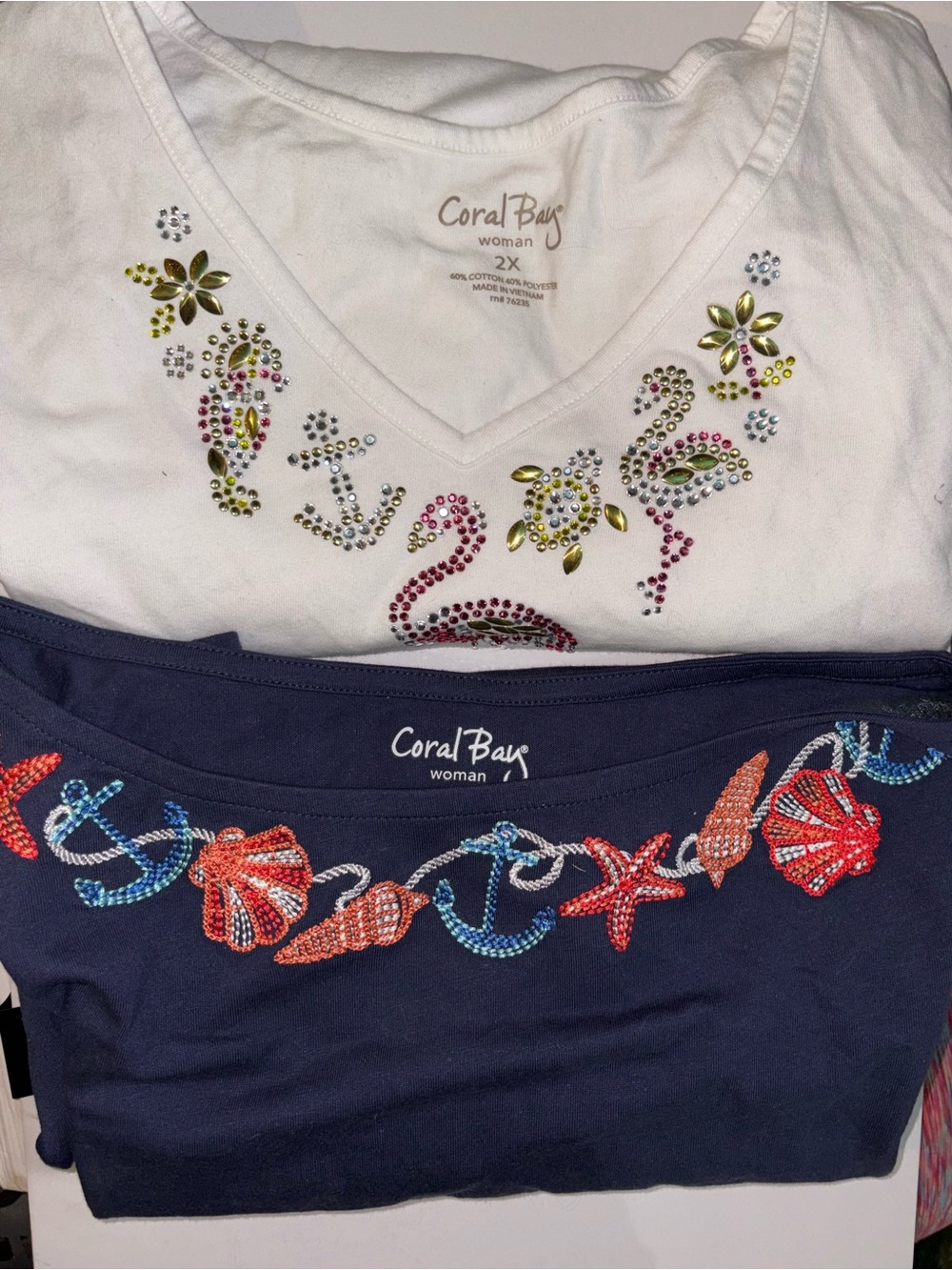 Two Coral Bay woman’s 2x Embellished Tops - Navy Blue & White